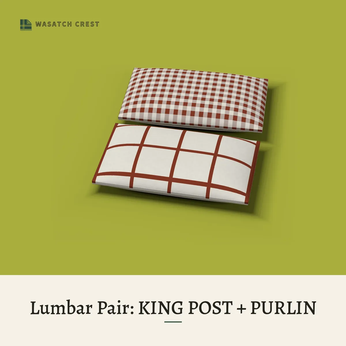 Provisional render of the Lumbar Pair: KING POST + PURLIN, not a photo of the finished product